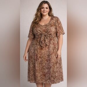 20W, Liz & Me, Brown Floral Women's Dress With Tie Cover